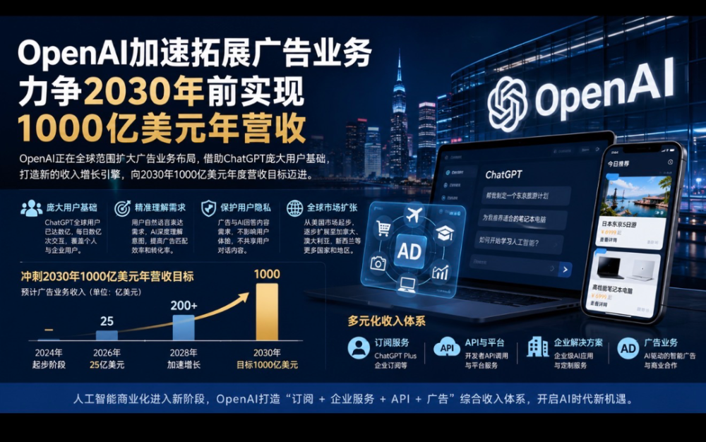 OpenAI加速拓展广告业务 力争2030年前实现1000亿美元年营收