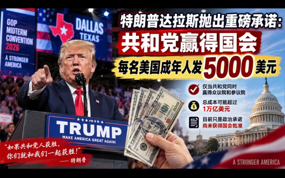 特朗普达拉斯抛出重磅承诺：共和党赢得国会，每名美国成年人发5000美元