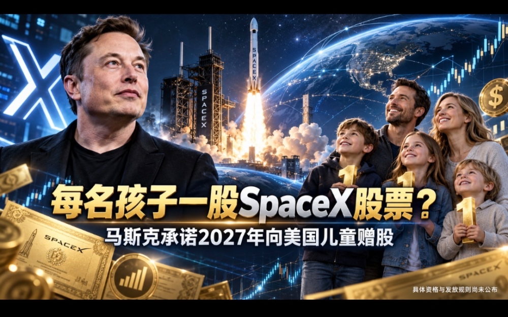 馬斯克承諾明年向美國每位孩子贈送一股個人持有的SpaceX股票：家中孩子越多，獲贈股票越多