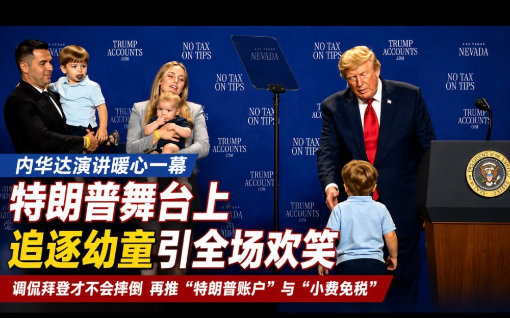 特朗普内华达演讲台上追逐幼童引全场欢笑  再推“特朗普账户”与“小费免税”政策